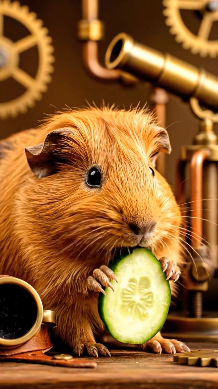 1193. Photorealistic scene of 1 smooth-haired Peruvian guinea pig with cinnamon fur, munching on cucumber rounds, in a steampunk inventor's workshop with gears and goggles.