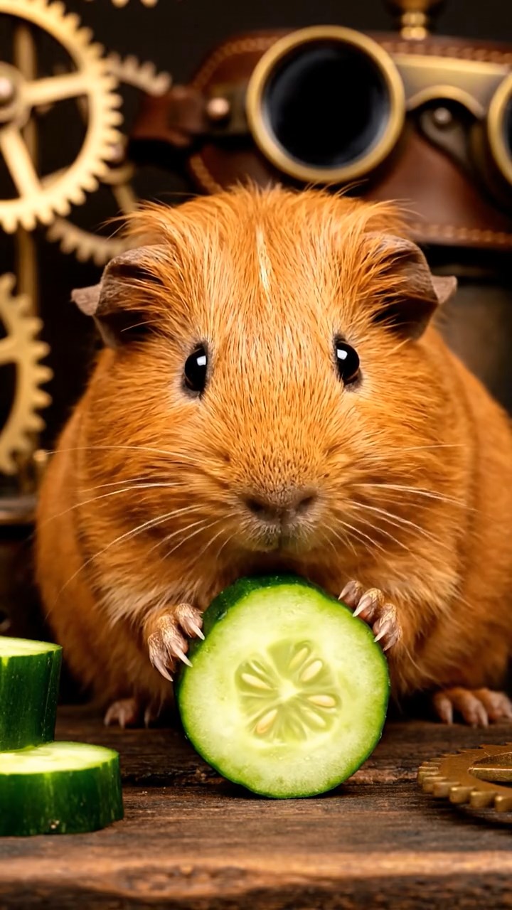 1193. Photorealistic scene of 1 smooth-haired Peruvian guinea pig with cinnamon fur, munching on cucumber rounds, in a steampunk inventor's workshop with gears and goggles.