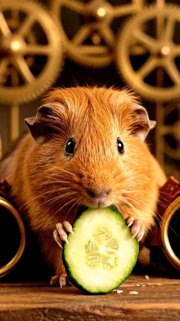 1193. Photorealistic scene of 1 smooth-haired Peruvian guinea pig with cinnamon fur, munching on cucumber rounds, in a steampunk inventor's workshop with gears and goggles.