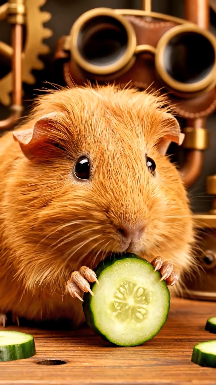 1193. Photorealistic scene of 1 smooth-haired Peruvian guinea pig with cinnamon fur, munching on cucumber rounds, in a steampunk inventor's workshop with gears and goggles.