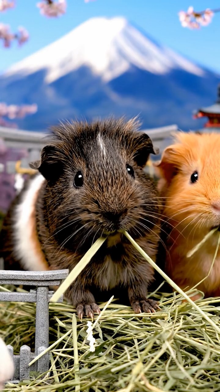 1194. Realistic depiction of 4 smooth-haired Silkie guinea pigs with sable, white, and orange fur, eating timothy hay, atop a Mount Fuji summit shrine with cherry views.