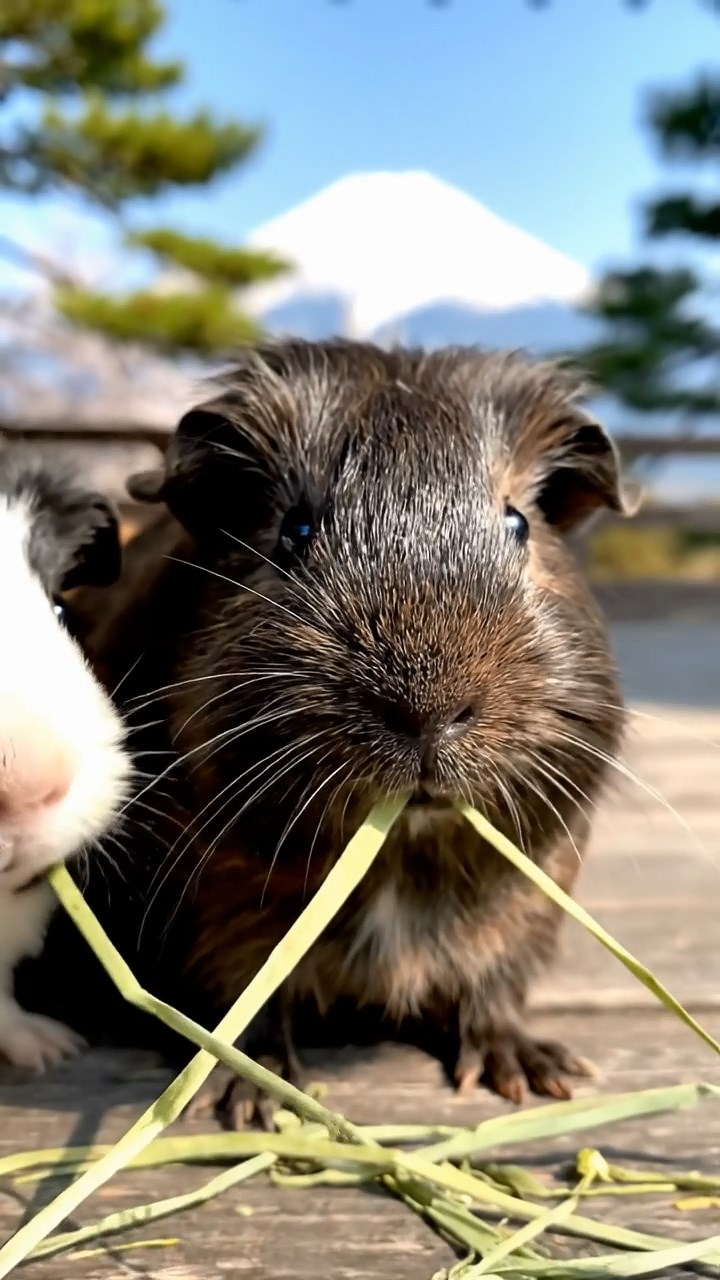 1194. Realistic depiction of 4 smooth-haired Silkie guinea pigs with sable, white, and orange fur, eating timothy hay, atop a Mount Fuji summit shrine with cherry views.
