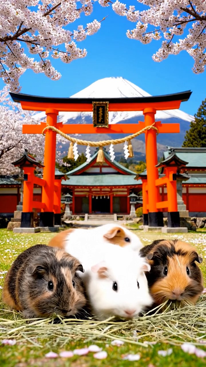 1194. Realistic depiction of 4 smooth-haired Silkie guinea pigs with sable, white, and orange fur, eating timothy hay, atop a Mount Fuji summit shrine with cherry views.