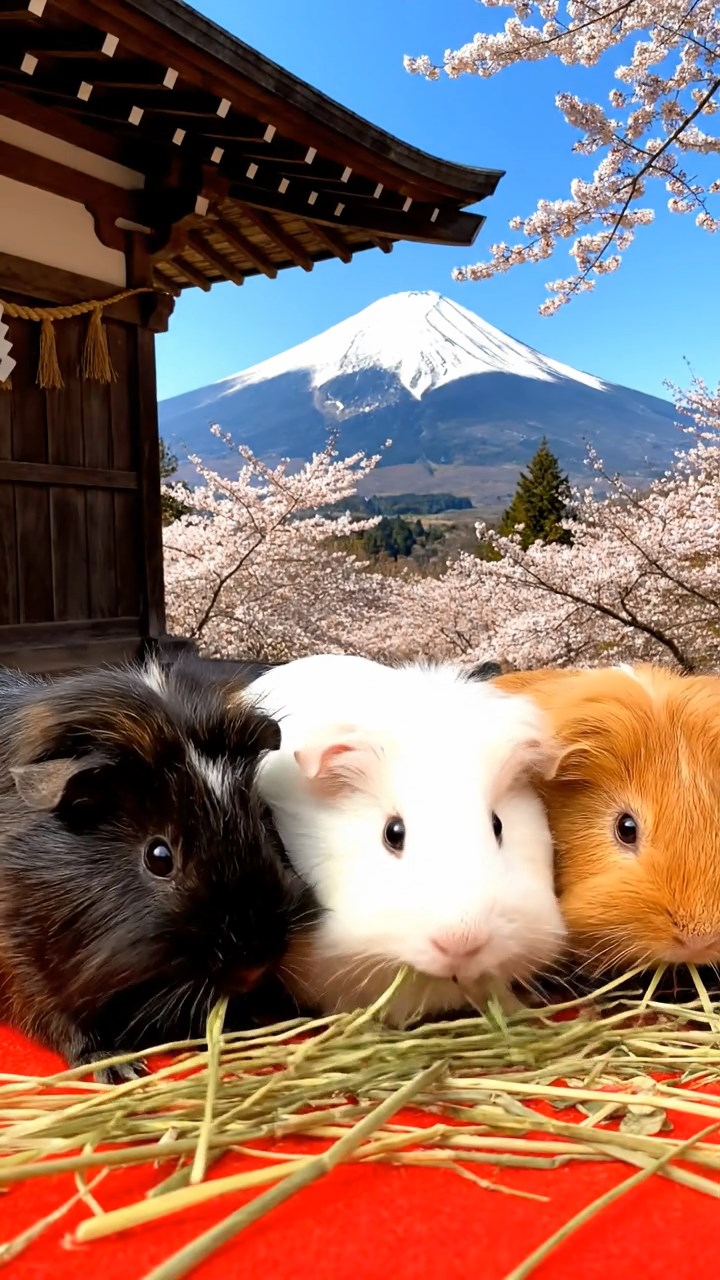 1194. Realistic depiction of 4 smooth-haired Silkie guinea pigs with sable, white, and orange fur, eating timothy hay, atop a Mount Fuji summit shrine with cherry views.