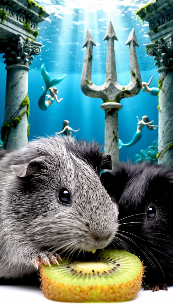 1195. Detailed photo of 2 smooth-haired Teddy guinea pigs in gray and black colors, nibbling on kiwi slices, in a underwater Poseidon temple with tridents and mermaids.