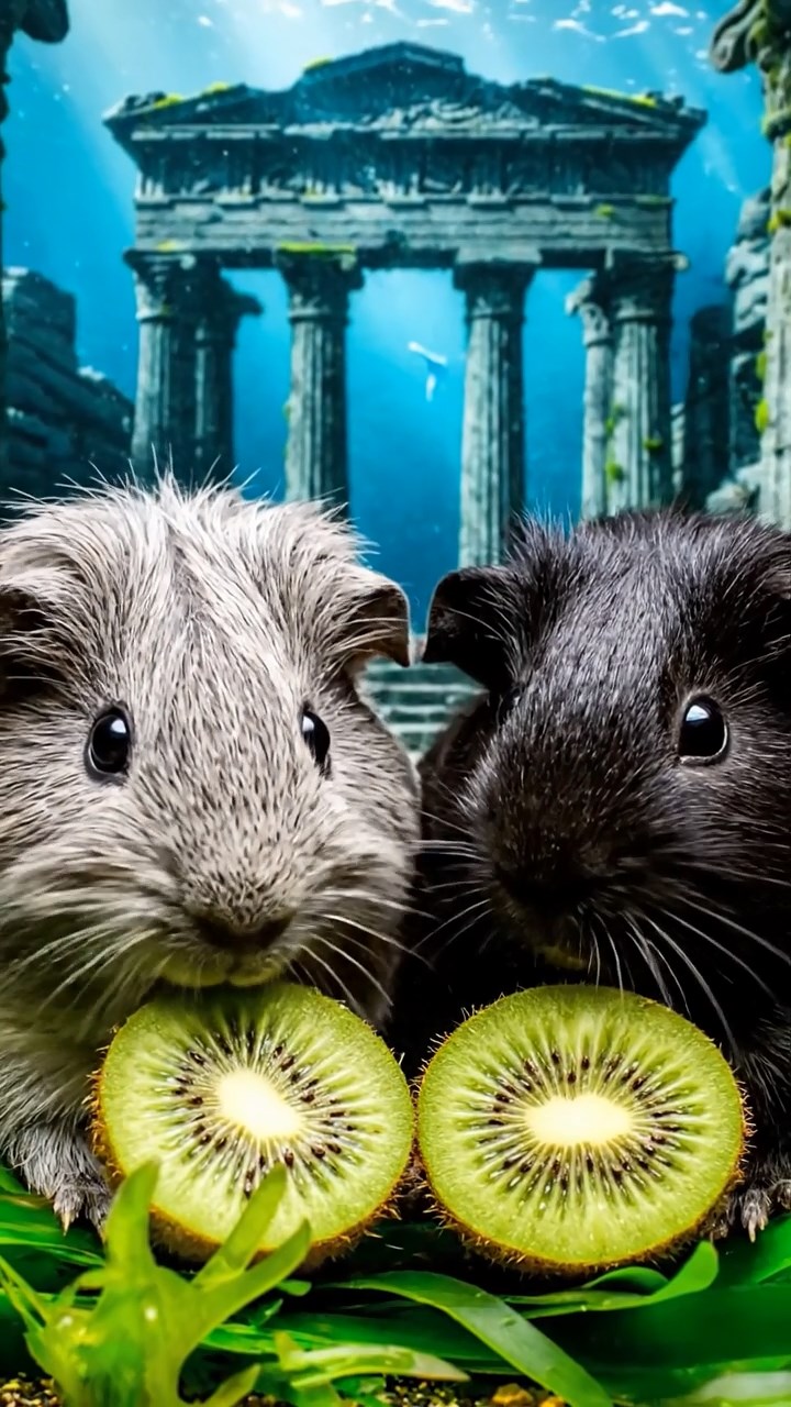 1195. Detailed photo of 2 smooth-haired Teddy guinea pigs in gray and black colors, nibbling on kiwi slices, in a underwater Poseidon temple with tridents and mermaids.