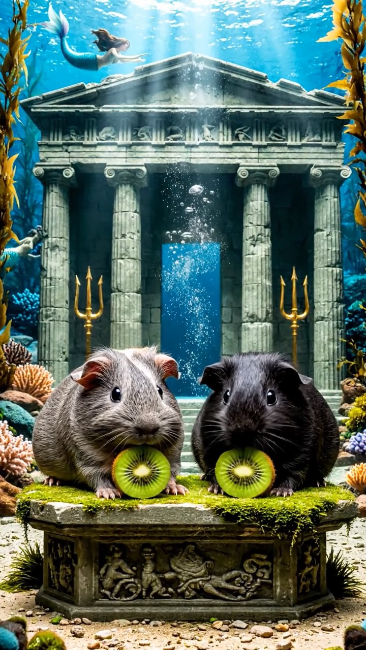 1195. Detailed photo of 2 smooth-haired Teddy guinea pigs in gray and black colors, nibbling on kiwi slices, in a underwater Poseidon temple with tridents and mermaids.