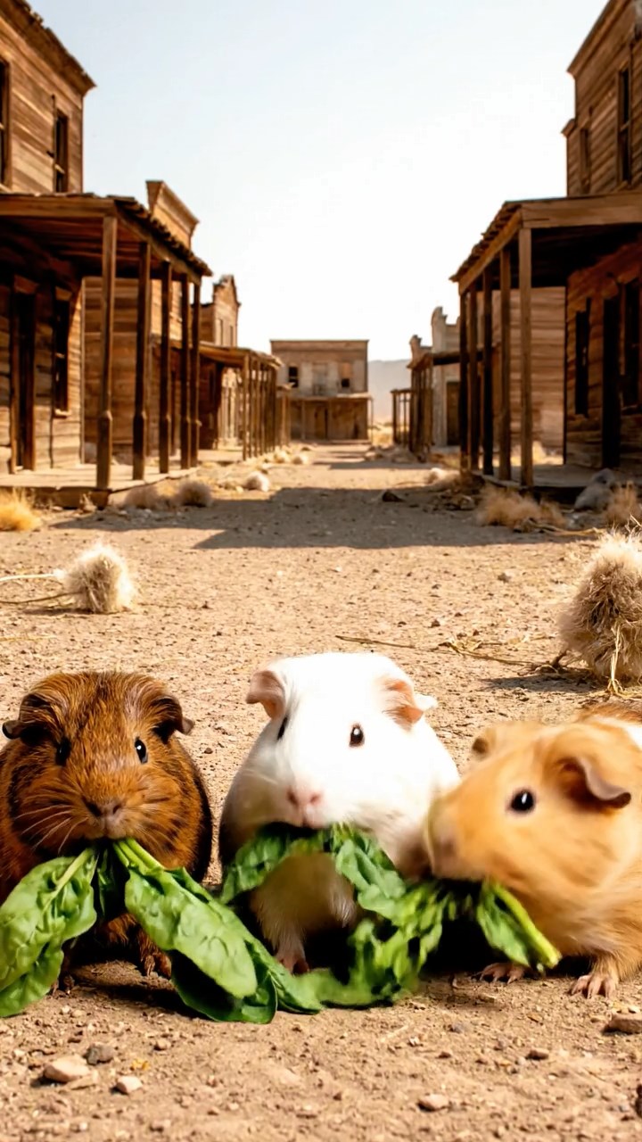 1196. Photorealistic image of 3 smooth-haired Texel guinea pigs with brown, cream, and fawn fur, chewing on spinach bunches, on a Wild West ghost town street with tumbleweeds.