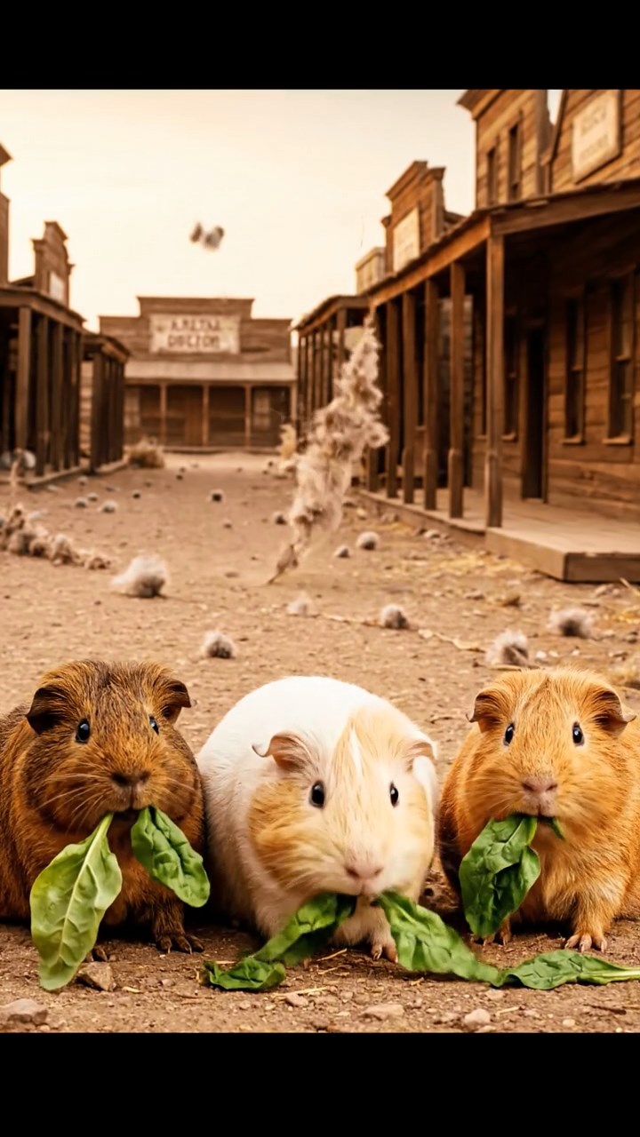 1196. Photorealistic image of 3 smooth-haired Texel guinea pigs with brown, cream, and fawn fur, chewing on spinach bunches, on a Wild West ghost town street with tumbleweeds.