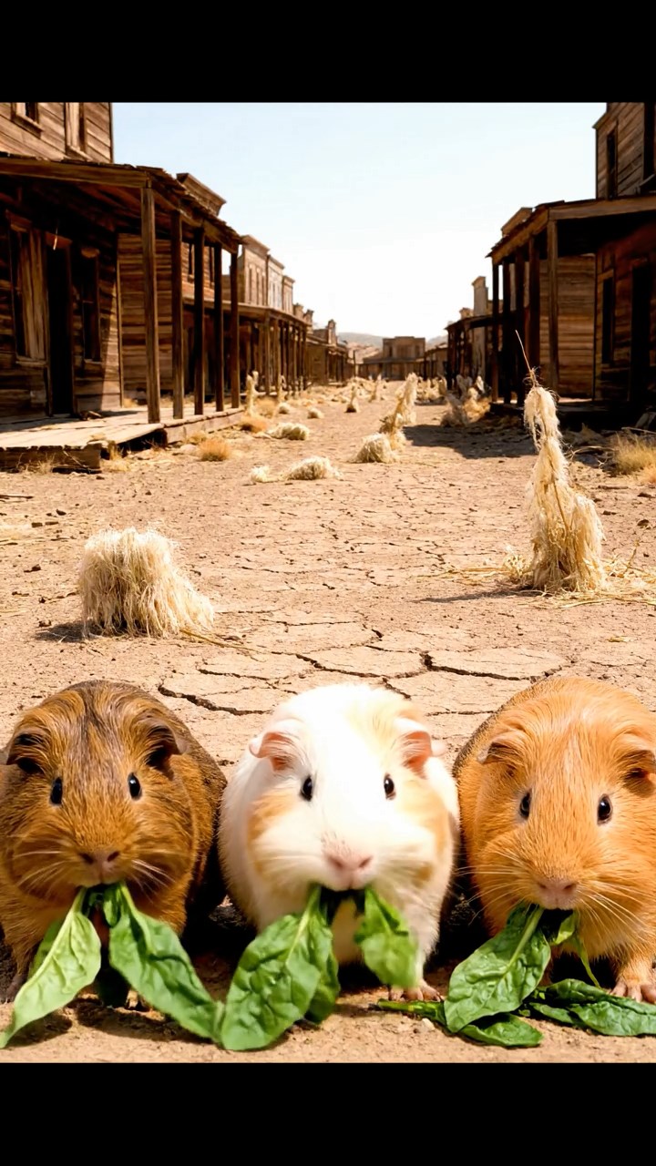1196. Photorealistic image of 3 smooth-haired Texel guinea pigs with brown, cream, and fawn fur, chewing on spinach bunches, on a Wild West ghost town street with tumbleweeds.