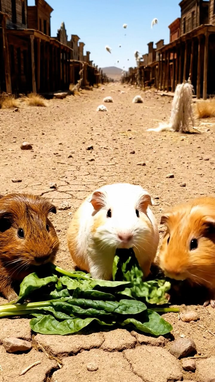 1196. Photorealistic image of 3 smooth-haired Texel guinea pigs with brown, cream, and fawn fur, chewing on spinach bunches, on a Wild West ghost town street with tumbleweeds.