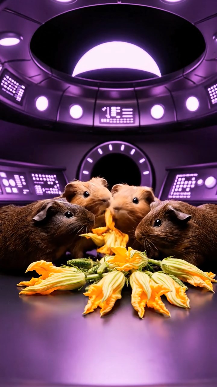 1197. Realistic scene of 5 smooth-haired Rex guinea pigs featuring chocolate, cinnamon, and sable coats, sharing zucchini flowers, inside a alien UFO saucer with control panels.