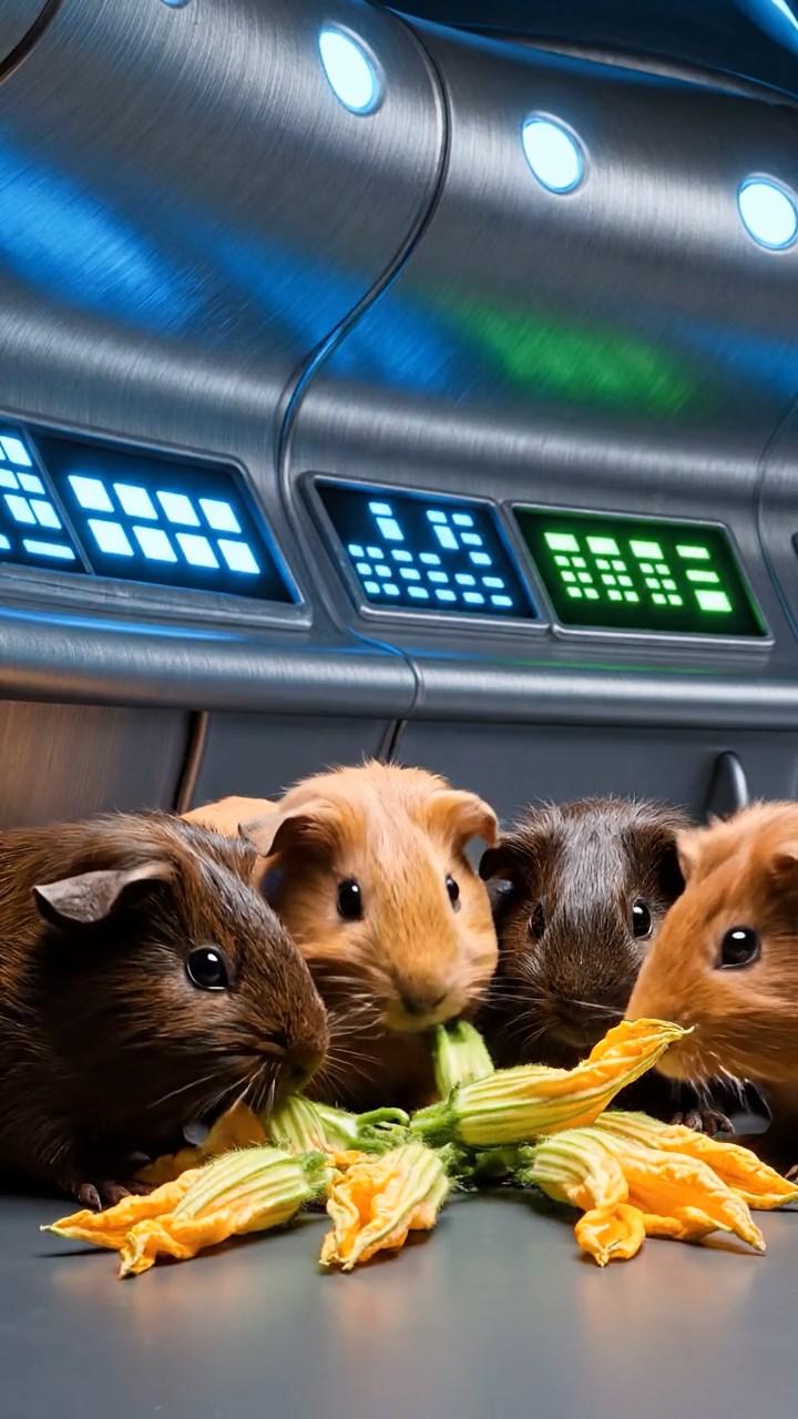 1197. Realistic scene of 5 smooth-haired Rex guinea pigs featuring chocolate, cinnamon, and sable coats, sharing zucchini flowers, inside a alien UFO saucer with control panels.