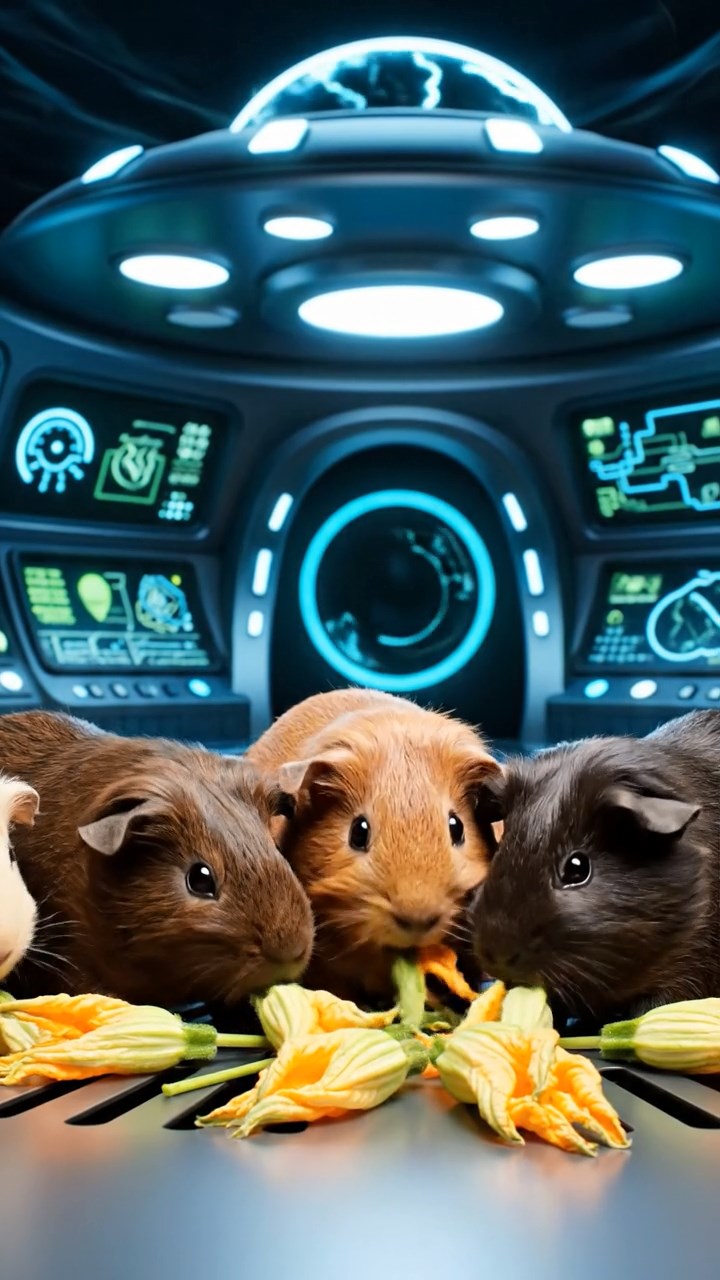 1197. Realistic scene of 5 smooth-haired Rex guinea pigs featuring chocolate, cinnamon, and sable coats, sharing zucchini flowers, inside a alien UFO saucer with control panels.