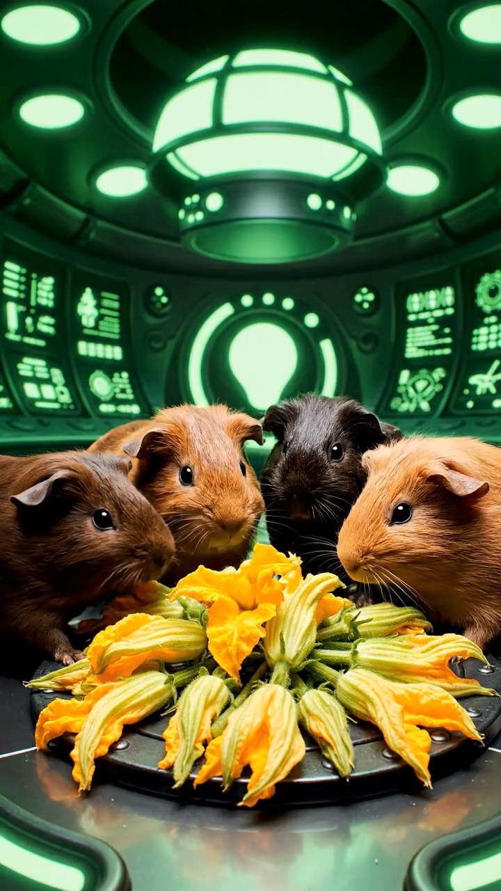 1197. Realistic scene of 5 smooth-haired Rex guinea pigs featuring chocolate, cinnamon, and sable coats, sharing zucchini flowers, inside a alien UFO saucer with control panels.