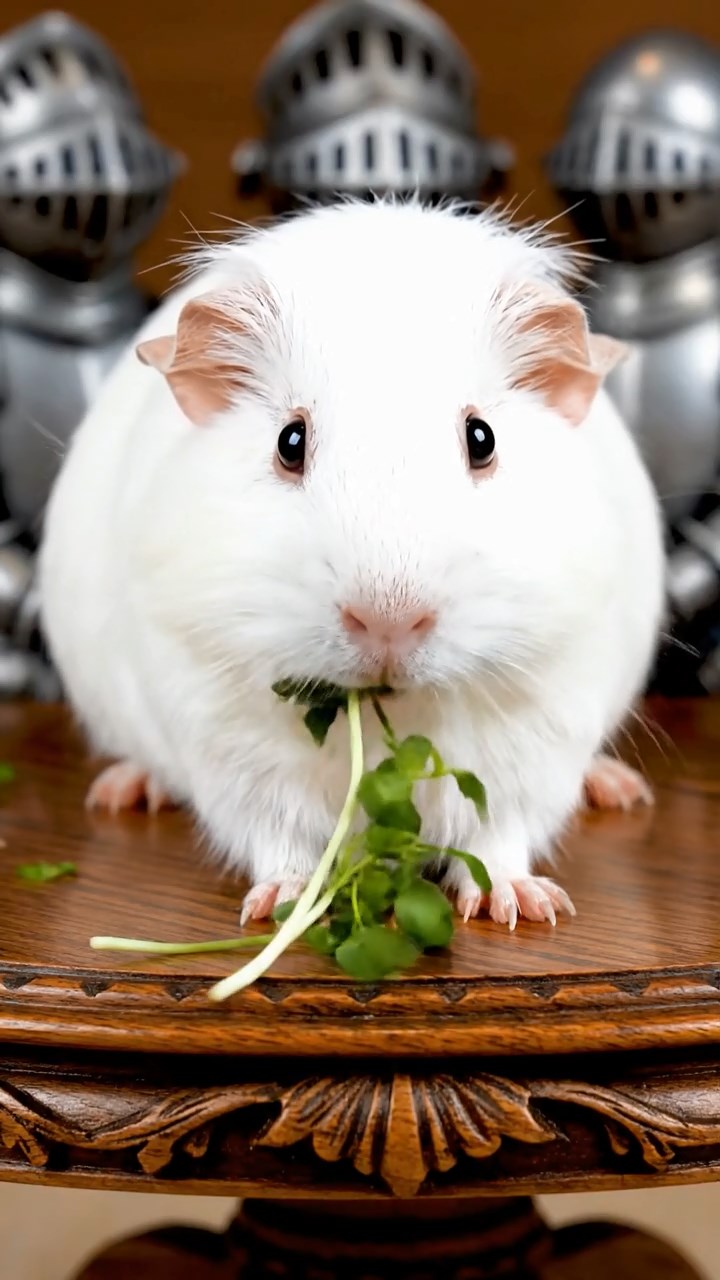 1198. Highly detailed view of 1 smooth-haired Coronet guinea pig with white fur, munching on alfalfa sprouts, on a Camelot round table with knight armors.