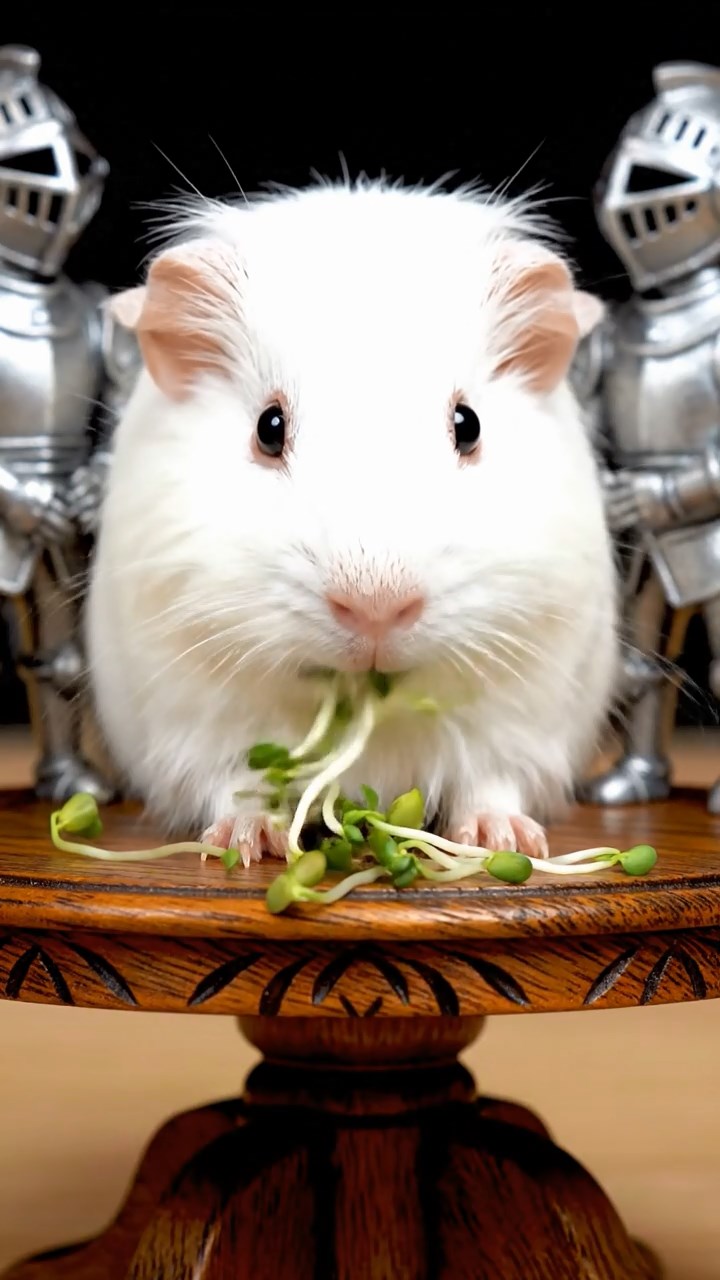 1198. Highly detailed view of 1 smooth-haired Coronet guinea pig with white fur, munching on alfalfa sprouts, on a Camelot round table with knight armors.