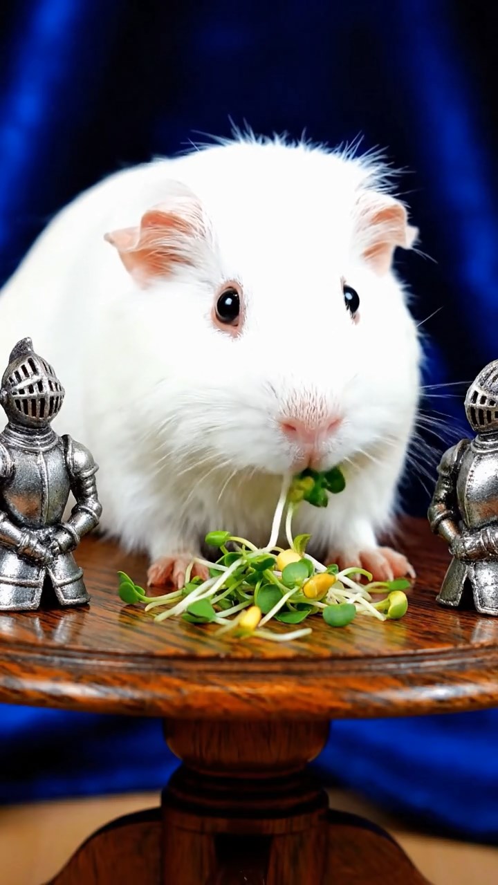 1198. Highly detailed view of 1 smooth-haired Coronet guinea pig with white fur, munching on alfalfa sprouts, on a Camelot round table with knight armors.