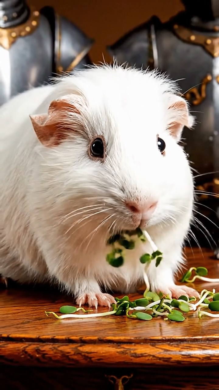 1198. Highly detailed view of 1 smooth-haired Coronet guinea pig with white fur, munching on alfalfa sprouts, on a Camelot round table with knight armors.