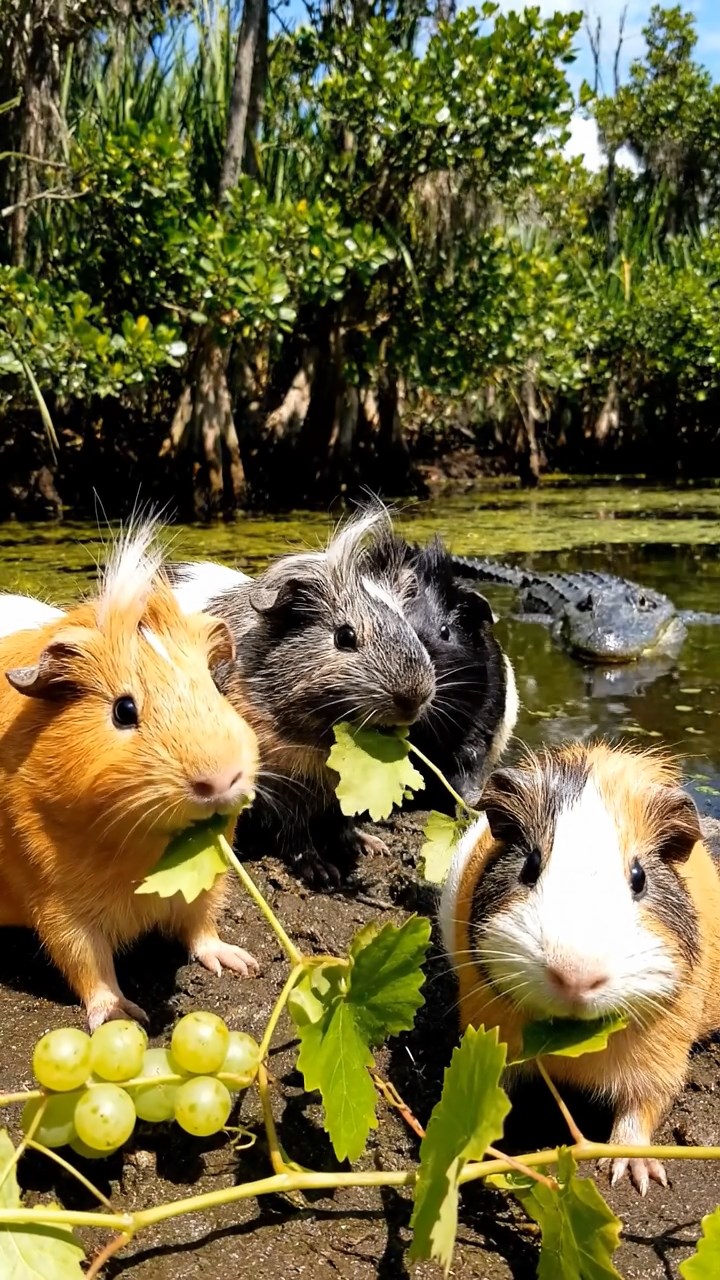 1199. Photorealistic photo of 4 smooth-haired White Crested guinea pigs with orange, gray, and black fur, eating grape vines, in a dense Everglades airboat trail with alligators.
