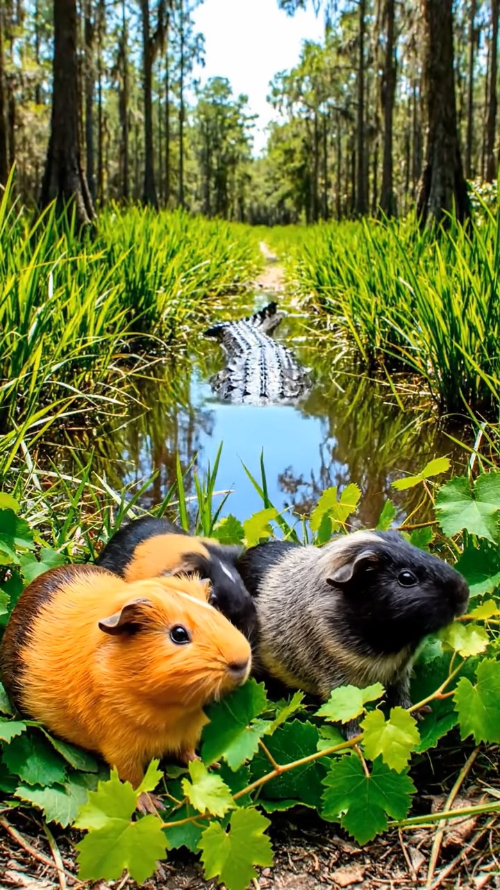 1199. Photorealistic photo of 4 smooth-haired White Crested guinea pigs with orange, gray, and black fur, eating grape vines, in a dense Everglades airboat trail with alligators.