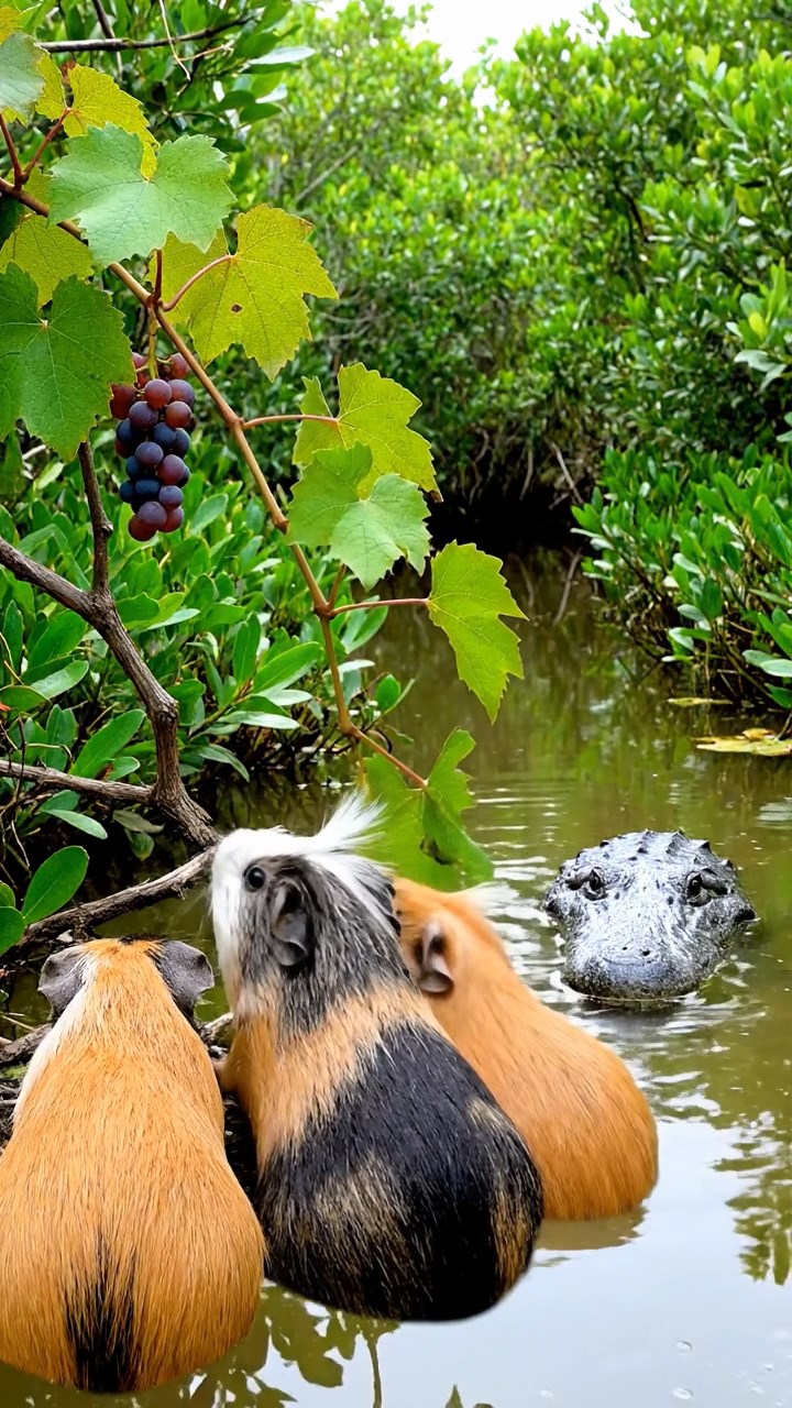 1199. Photorealistic photo of 4 smooth-haired White Crested guinea pigs with orange, gray, and black fur, eating grape vines, in a dense Everglades airboat trail with alligators.