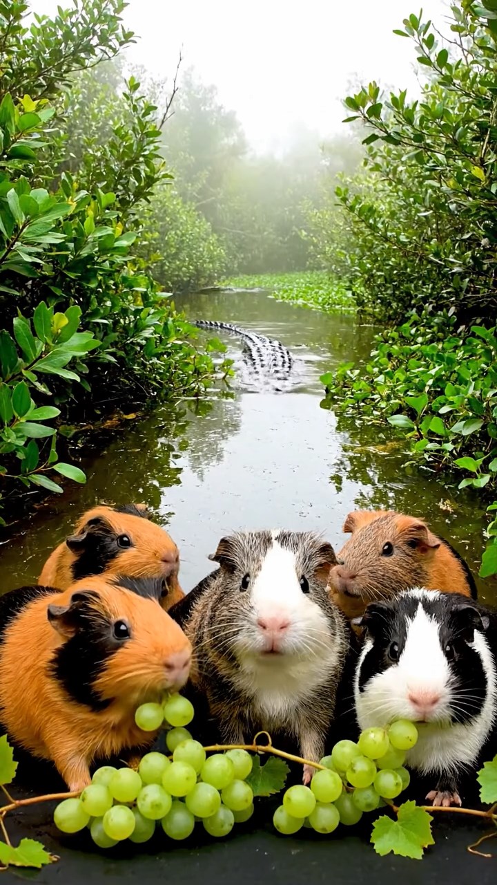 1199. Photorealistic photo of 4 smooth-haired White Crested guinea pigs with orange, gray, and black fur, eating grape vines, in a dense Everglades airboat trail with alligators.