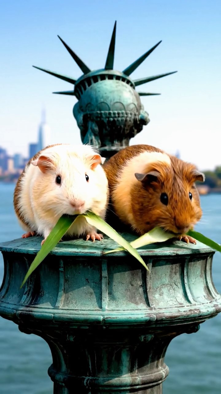 1200. Realistic depiction of 2 smooth-haired Skinny guinea pigs in brown and cream colors, nibbling on pineapple leaves, atop a Statue of Liberty torch platform with harbor views.