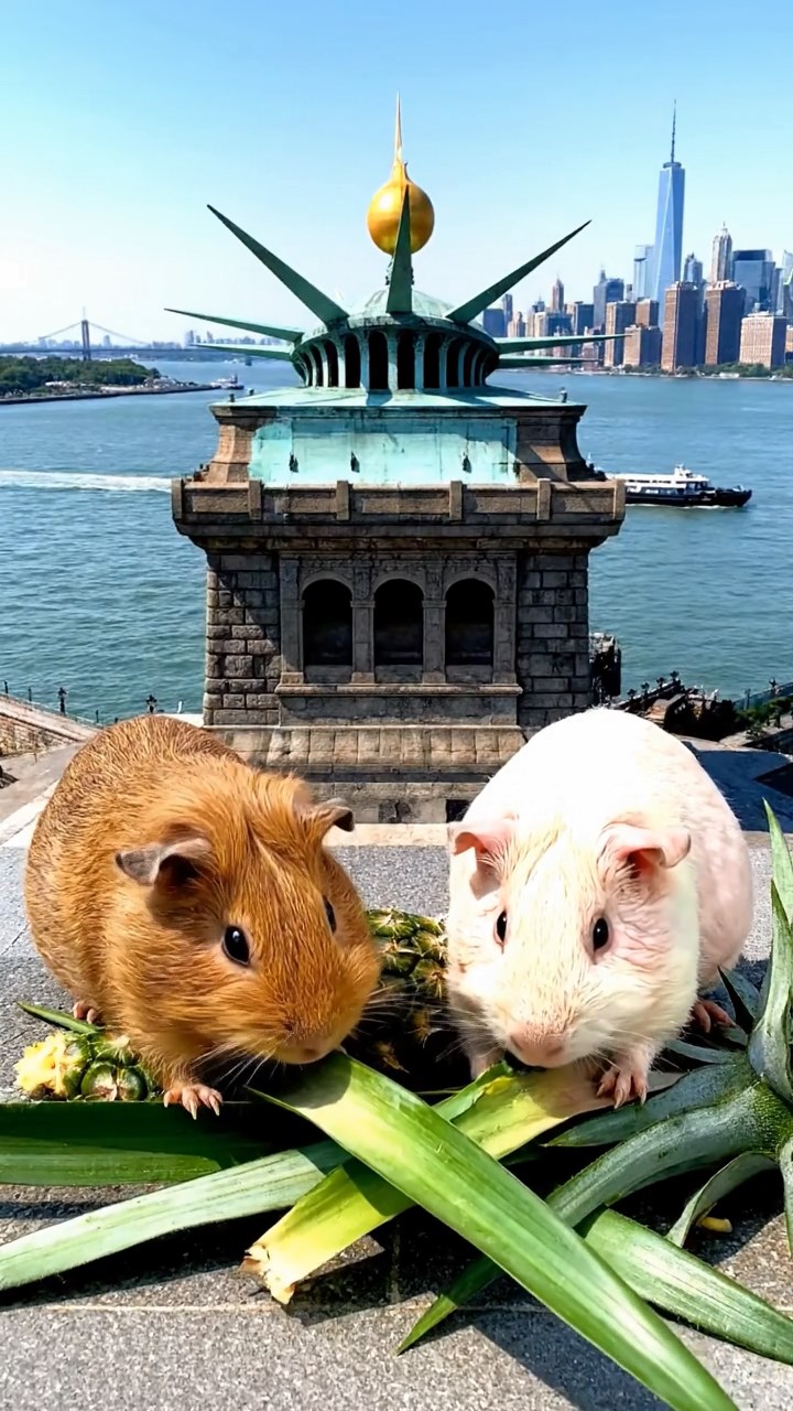 1200. Realistic depiction of 2 smooth-haired Skinny guinea pigs in brown and cream colors, nibbling on pineapple leaves, atop a Statue of Liberty torch platform with harbor views.