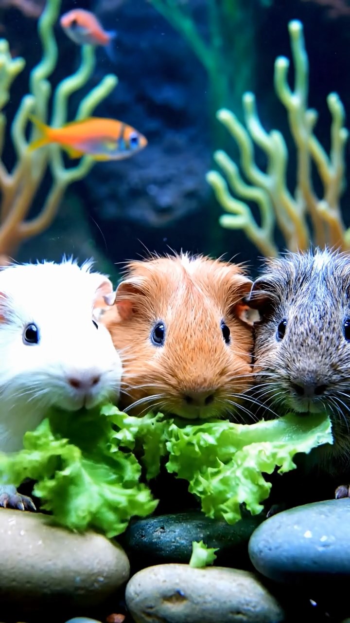 1201. A realistic close-up photo of 3 smooth-haired American guinea pigs with white, orange, and gray fur, eagerly munching on fresh lettuce leaves, in a enchanted underwater grotto with bioluminescent algae and colorful fish darting around.
