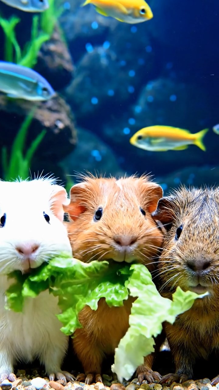 1201. A realistic close-up photo of 3 smooth-haired American guinea pigs with white, orange, and gray fur, eagerly munching on fresh lettuce leaves, in a enchanted underwater grotto with bioluminescent algae and colorful fish darting around.