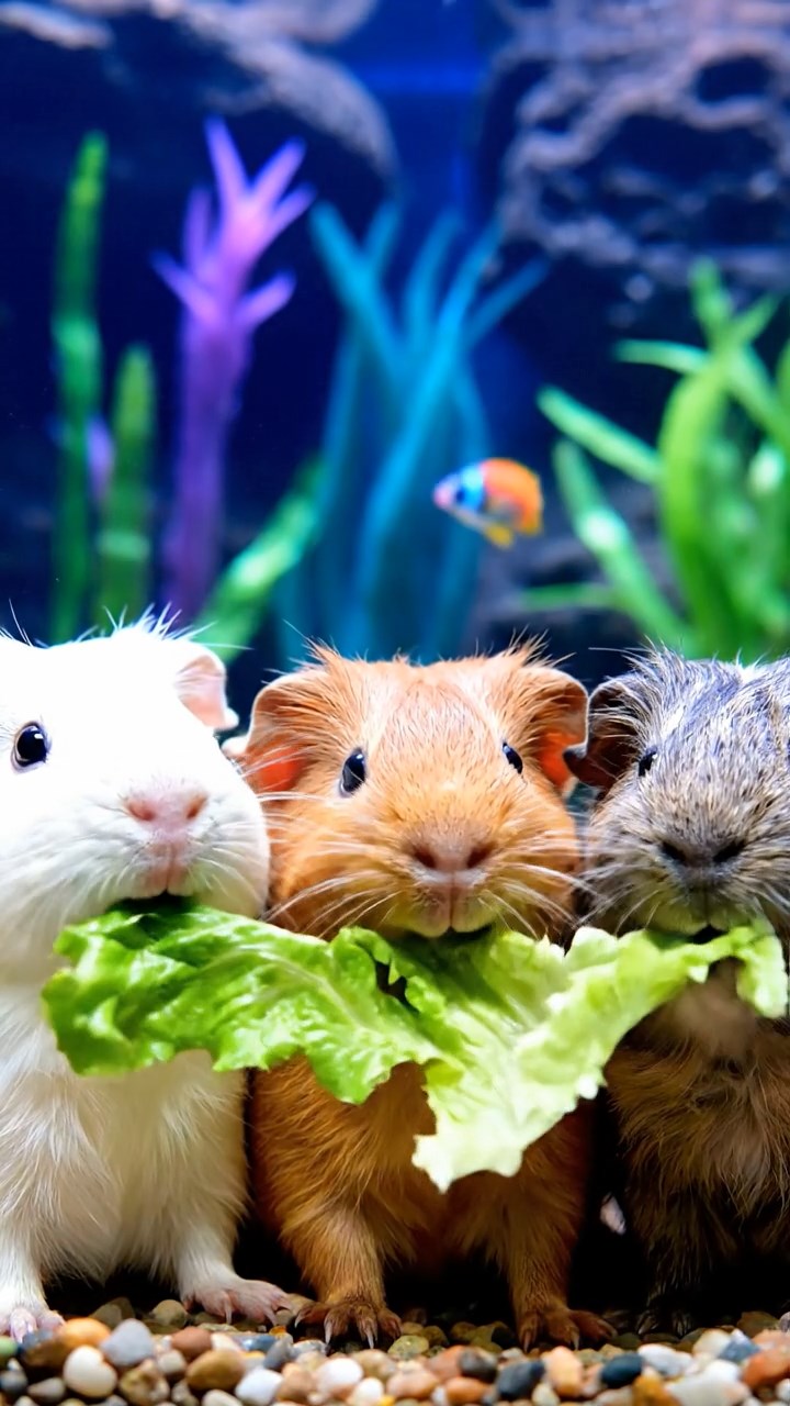 1201. A realistic close-up photo of 3 smooth-haired American guinea pigs with white, orange, and gray fur, eagerly munching on fresh lettuce leaves, in a enchanted underwater grotto with bioluminescent algae and colorful fish darting around.