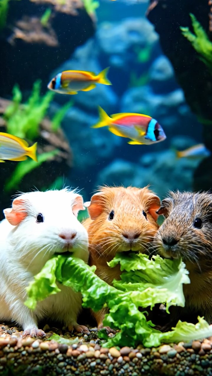 1201. A realistic close-up photo of 3 smooth-haired American guinea pigs with white, orange, and gray fur, eagerly munching on fresh lettuce leaves, in a enchanted underwater grotto with bioluminescent algae and colorful fish darting around.