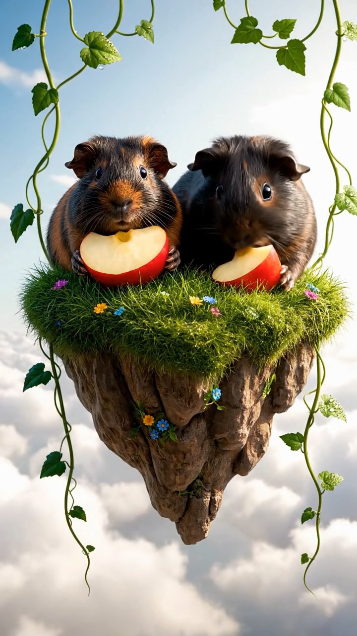 1202. Highly detailed realistic image of 2 smooth-haired Abyssinian guinea pigs featuring black and brown coats, nibbling on apple slices, on a floating sky island with clouds below and vines hanging over edges.