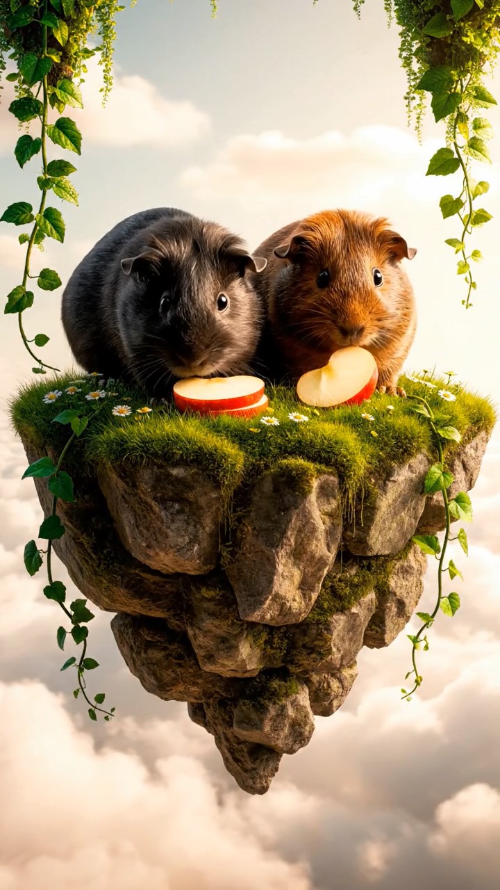 1202. Highly detailed realistic image of 2 smooth-haired Abyssinian guinea pigs featuring black and brown coats, nibbling on apple slices, on a floating sky island with clouds below and vines hanging over edges.