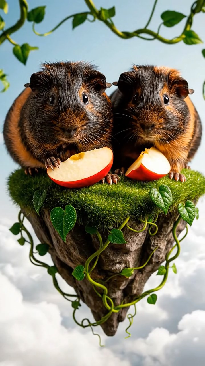 1202. Highly detailed realistic image of 2 smooth-haired Abyssinian guinea pigs featuring black and brown coats, nibbling on apple slices, on a floating sky island with clouds below and vines hanging over edges.