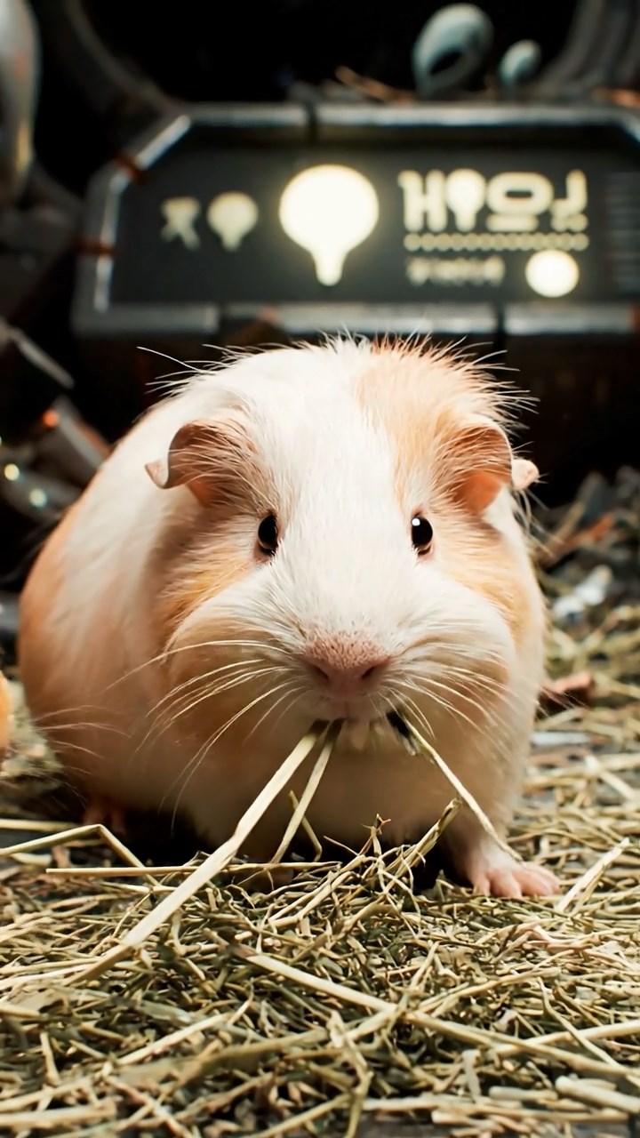 1203. Photorealistic scene of 4 smooth-haired Peruvian guinea pigs with cream, fawn, and chocolate fur, eating dried timothy hay, inside a ancient alien spaceship wreckage with glowing consoles and metallic debris.