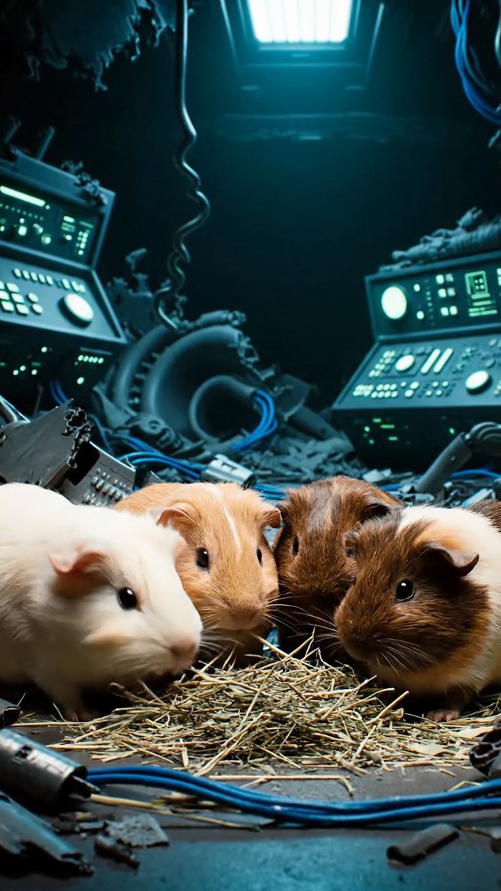 1203. Photorealistic scene of 4 smooth-haired Peruvian guinea pigs with cream, fawn, and chocolate fur, eating dried timothy hay, inside a ancient alien spaceship wreckage with glowing consoles and metallic debris.
