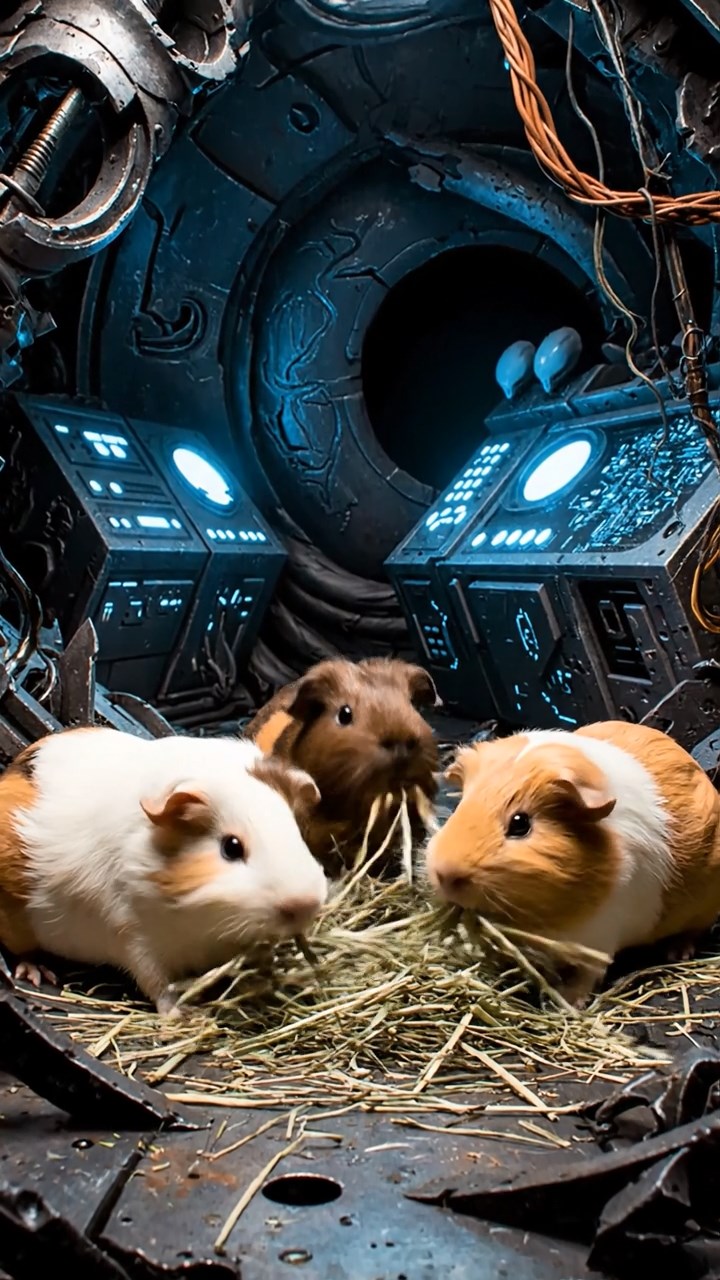 1203. Photorealistic scene of 4 smooth-haired Peruvian guinea pigs with cream, fawn, and chocolate fur, eating dried timothy hay, inside a ancient alien spaceship wreckage with glowing consoles and metallic debris.