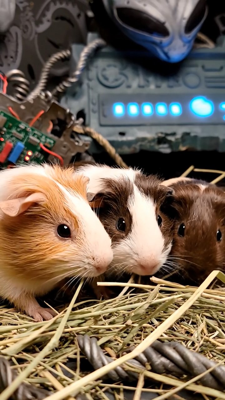 1203. Photorealistic scene of 4 smooth-haired Peruvian guinea pigs with cream, fawn, and chocolate fur, eating dried timothy hay, inside a ancient alien spaceship wreckage with glowing consoles and metallic debris.