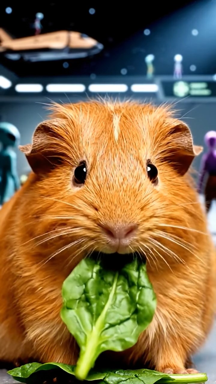 1204. Realistic depiction of 1 smooth-haired Silkie guinea pig with cinnamon fur, chewing on spinach leaves, in a bustling intergalactic spaceport with aliens and hovering shuttles.