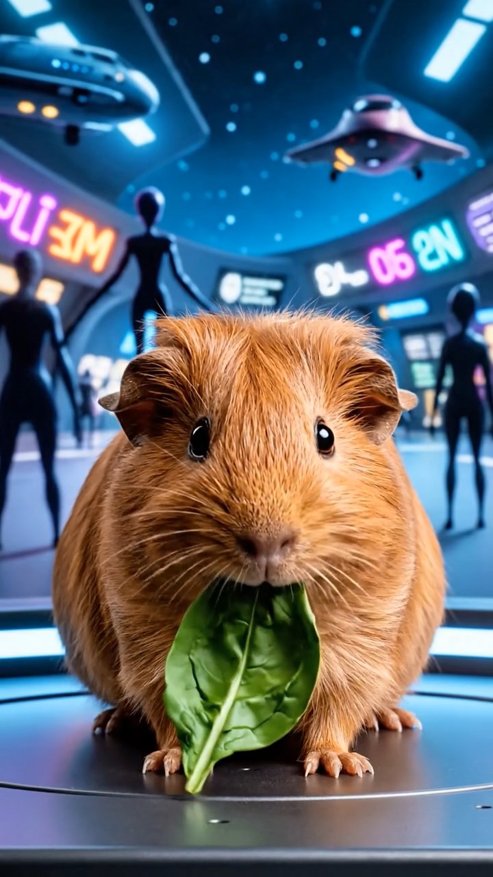 1204. Realistic depiction of 1 smooth-haired Silkie guinea pig with cinnamon fur, chewing on spinach leaves, in a bustling intergalactic spaceport with aliens and hovering shuttles.
