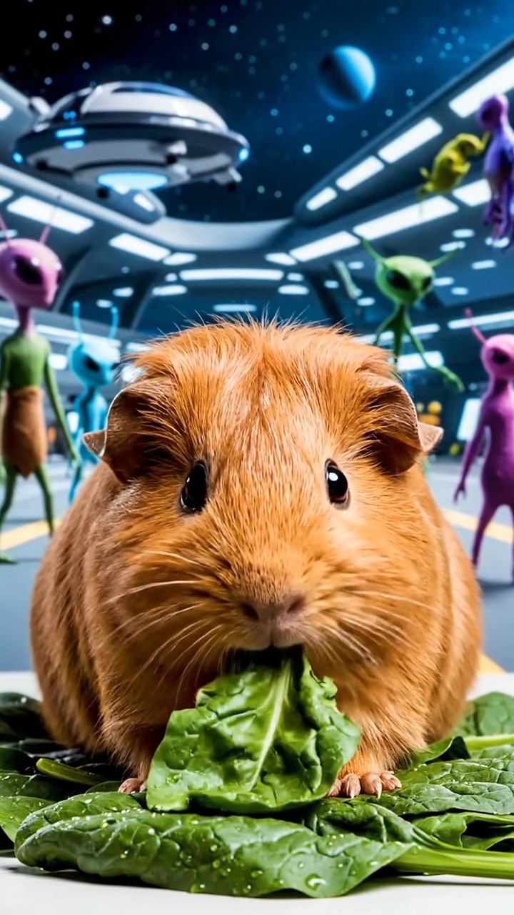 1204. Realistic depiction of 1 smooth-haired Silkie guinea pig with cinnamon fur, chewing on spinach leaves, in a bustling intergalactic spaceport with aliens and hovering shuttles.