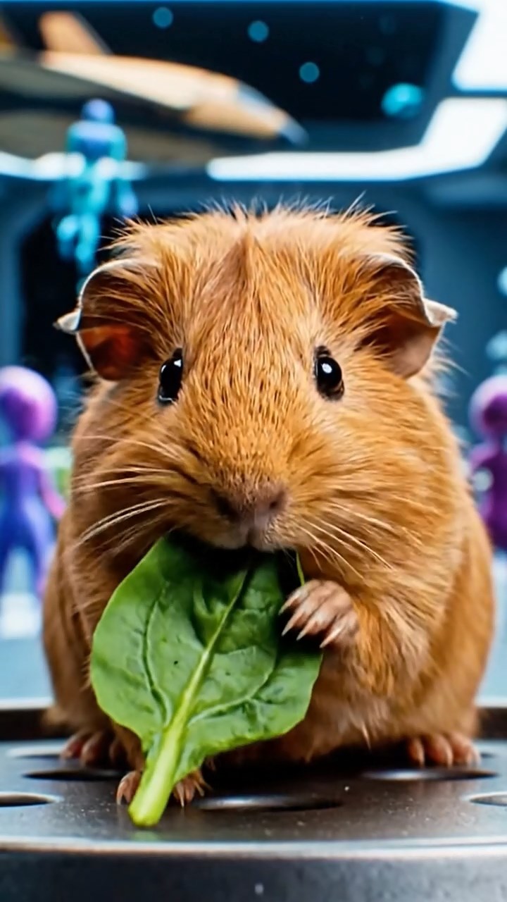 1204. Realistic depiction of 1 smooth-haired Silkie guinea pig with cinnamon fur, chewing on spinach leaves, in a bustling intergalactic spaceport with aliens and hovering shuttles.