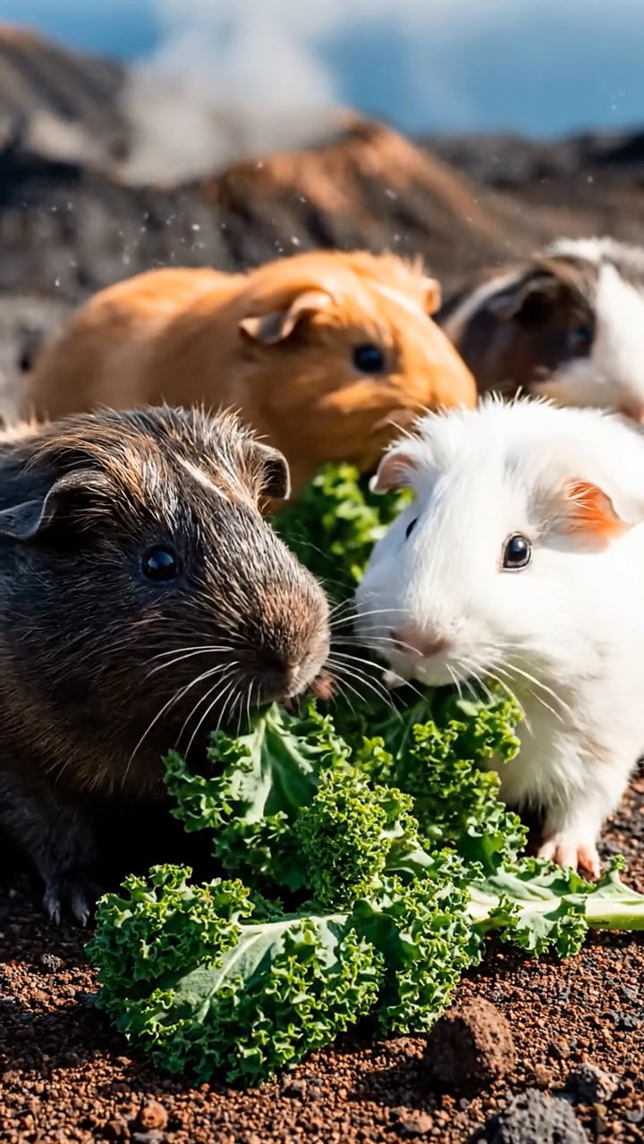 1205. Detailed realistic photo of 5 smooth-haired Teddy guinea pigs in sable, white, and orange colors, sharing kale greens, on a volcanic island summit with smoking vents and ocean views.