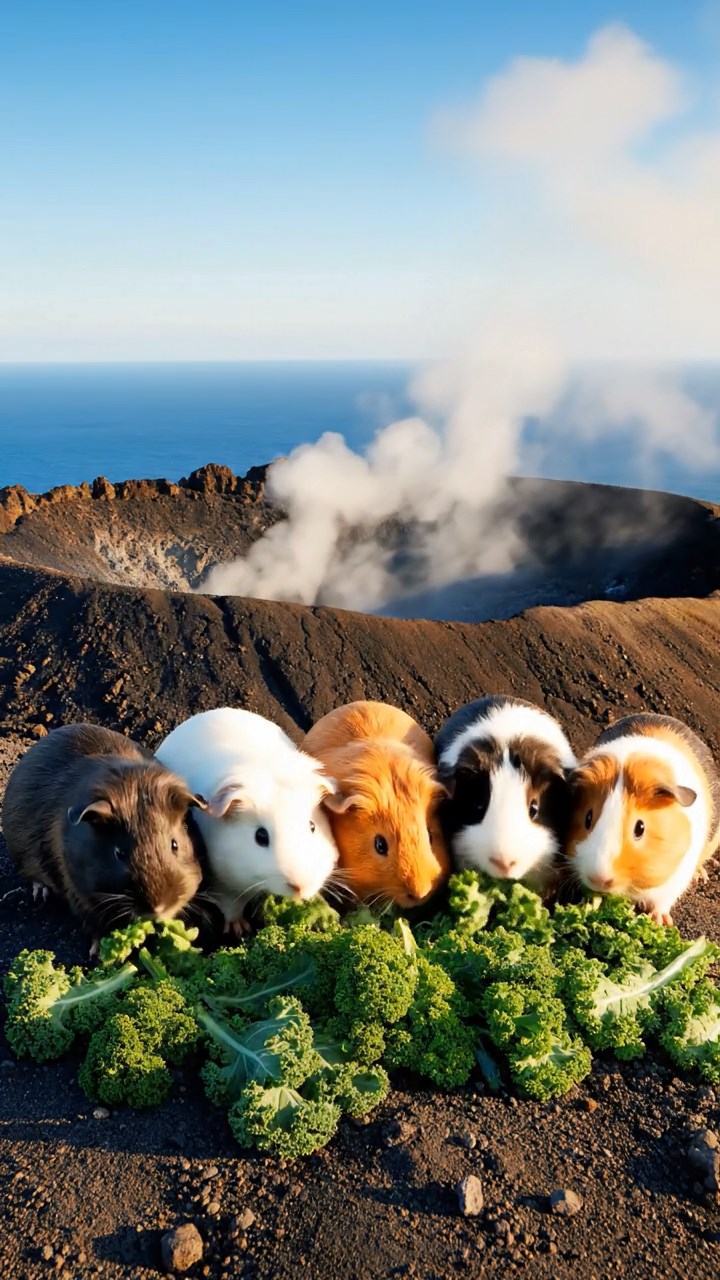 1205. Detailed realistic photo of 5 smooth-haired Teddy guinea pigs in sable, white, and orange colors, sharing kale greens, on a volcanic island summit with smoking vents and ocean views.