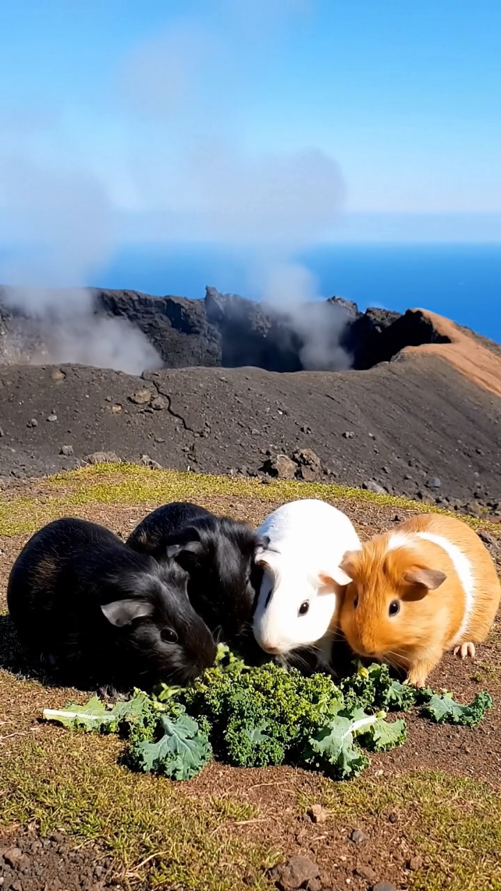 1205. Detailed realistic photo of 5 smooth-haired Teddy guinea pigs in sable, white, and orange colors, sharing kale greens, on a volcanic island summit with smoking vents and ocean views.