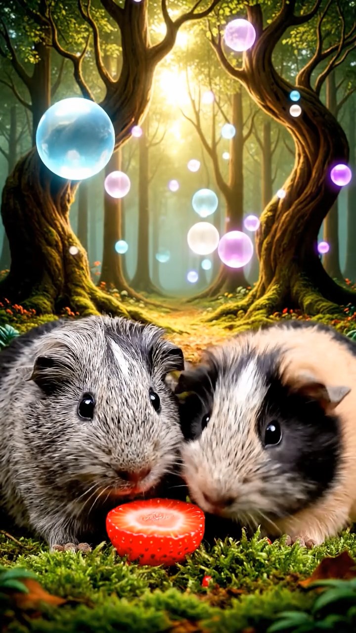 1206. Photorealistic view of 2 smooth-haired Texel guinea pigs with gray and black fur, enjoying strawberry halves, amid a surreal dream forest with floating orbs and twisted trees.