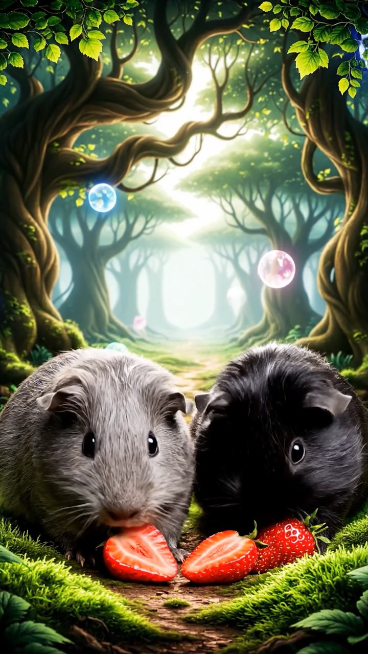 1206. Photorealistic view of 2 smooth-haired Texel guinea pigs with gray and black fur, enjoying strawberry halves, amid a surreal dream forest with floating orbs and twisted trees.