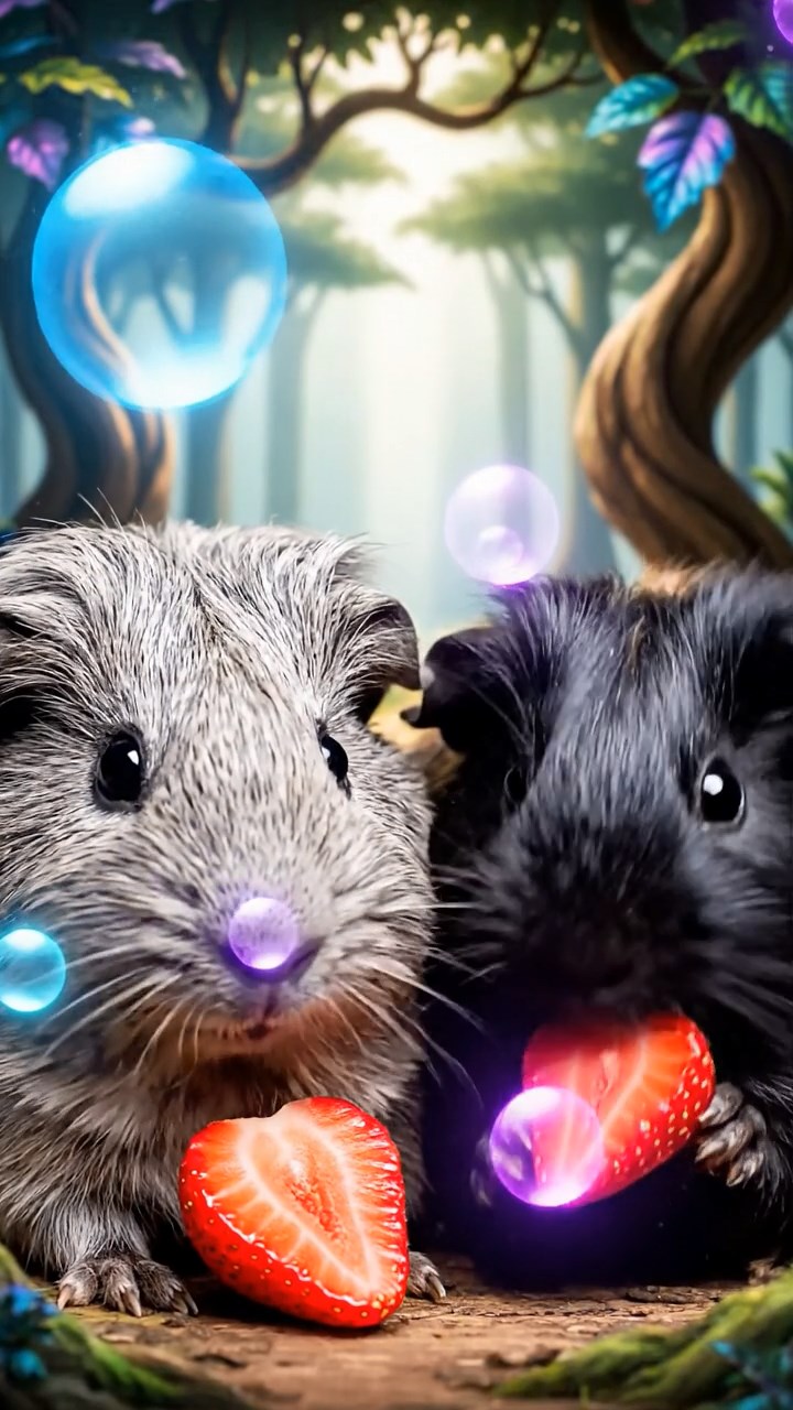 1206. Photorealistic view of 2 smooth-haired Texel guinea pigs with gray and black fur, enjoying strawberry halves, amid a surreal dream forest with floating orbs and twisted trees.